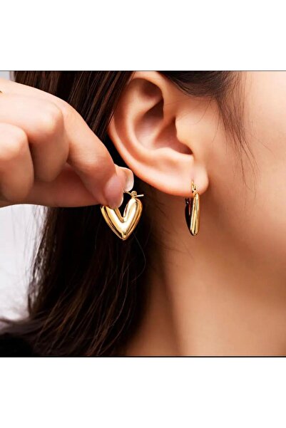 DEMOKAN Kadın Çelik Küpe Halka Model Kalp Küpe