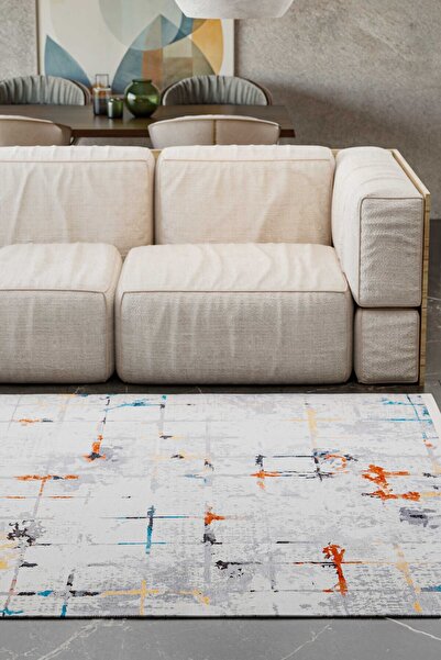 Oriente Home Modern Desenli Yıkanabilir Kaymaz Taban Şönil Gri Turuncu Mavi Mutfak Halısı 8393