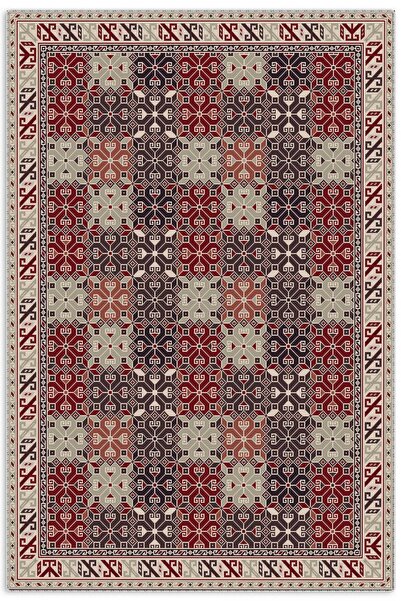 Pastel Home Ecru Burgundy Anthracite Ethnic Chenille Carpet Rug Runner Non-Sl...