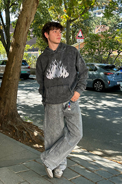 Sekizbiraltı Flame Stone Printed Oversize Unisex Μαύρο Hoodie που πλένεται