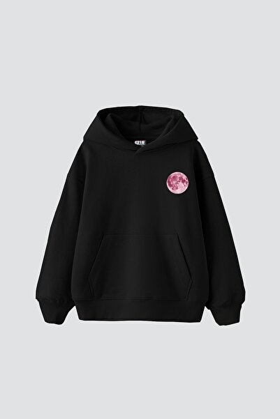 Sekizbiraltı Pink Moon nyomott mintás, túlméretezett uniszex fekete kapucnis pulóver