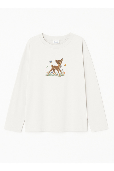 Disante %100 Pamuk Oversize Fit Little Deer Baskılı - Bisiklet Yaka Uzun Koll...