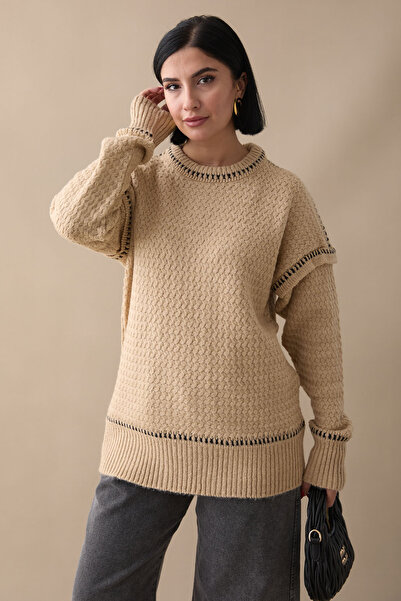 InStyle Pulover Camel - Cu Detaliu Piping și Ridicat