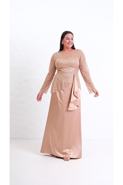 MAXXE 5847PSAT ÜSTÜ TAŞLI TÜL ETEĞİ ASETAT SATEN ELBİSE