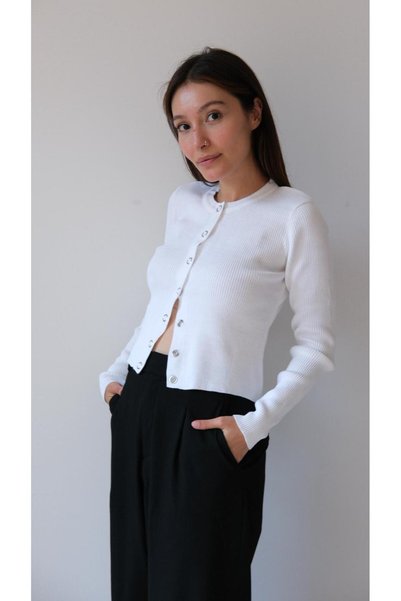 Butik Una Fiaba White Women's Crew Neck Snap Fastener Ribbed Knitted Cardigan