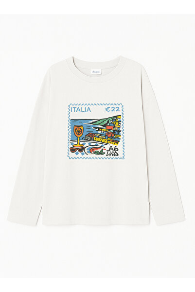 Disante %100 Pamuk Oversize Fit ITALIA Baskılı - Bisiklet Yaka Uzun Kollu T-s...