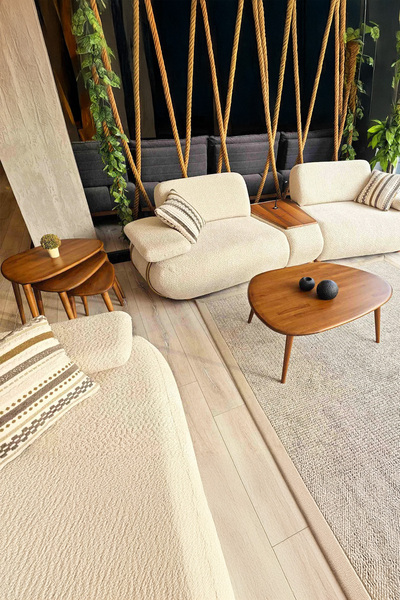 Fawdecor Oval Masif Doğal Ahşap Orta Sehpa ve 3'lü Zigon Sehpa Seti,Modern As...