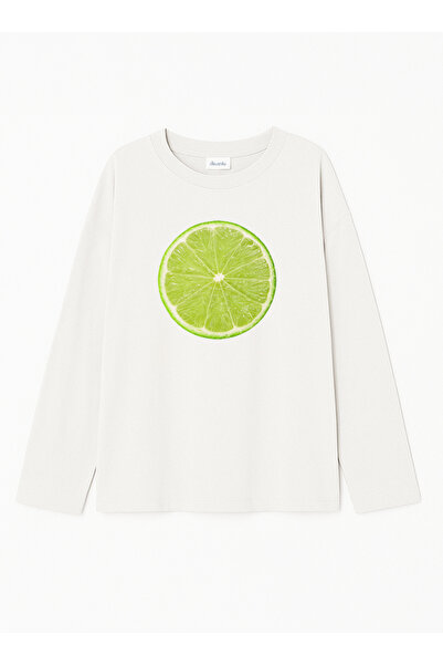 Disante 100% bumbac, cu potrivire oversize, cu imprimeu lime - tricou cu mânecă lungă cu gâtul rotund