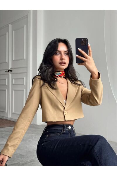 mydukkan.co Tek Düğme Crop Blazer Vizon