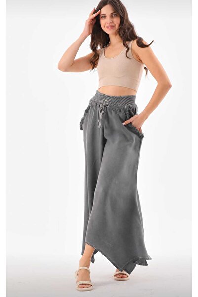 pier moda Woven Linen Baggy Trousers -Bohemian -Comfortable-Organic Fabric-100% Cotton Gray Elastic Waist