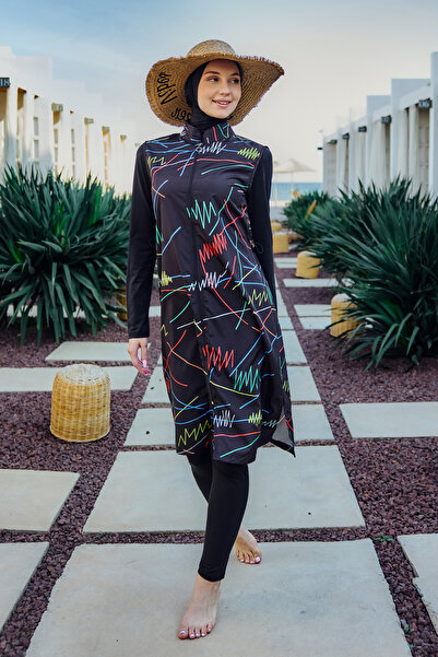 Remsa Mayo Remsa Colorful Stripe Patterned Fully Covered Hijab Swimsuit R005 Reyhan