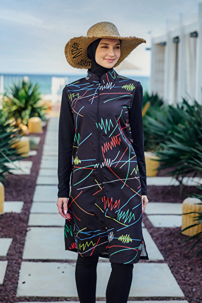 Remsa Mayo Remsa Colorful Stripe Patterned Fully Covered Hijab Swimsuit R005 Reyhan