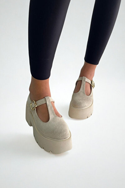 inizio Bej Süet Kalın Taban Kadın Loafer P7014