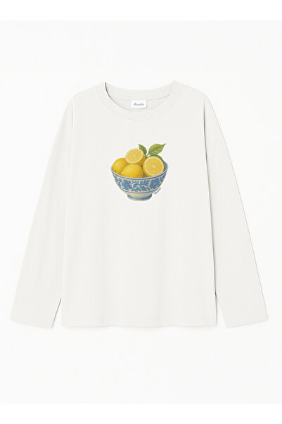 Disante Μπλουζάκι με μακρυμάνικο μπλουζάκι με λεμόνι, 100% βαμβάκι, με λαιμόκοψη, μεγάλου μεγέθους