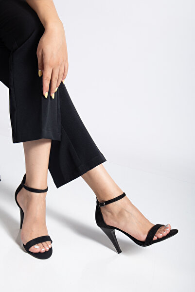 LİLLA Women's High Heeled Black Suede Evening Dress Shoes