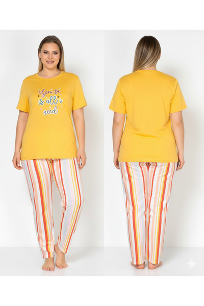 Alperi Plus Size Short Sleeve Yellow Striped Women's Pajama Set