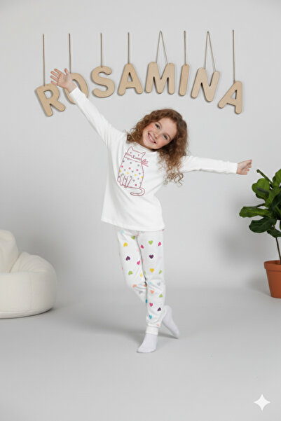 MADALİNA Girl's 100% Cotton Cream Heart Pattern Winter Pajama Set