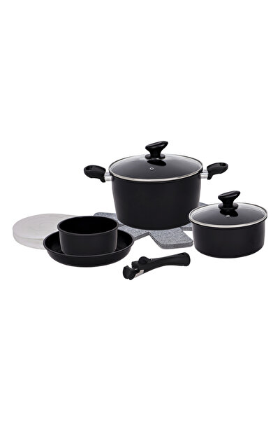 Extramall 13-piece black non-stick kitchen pot and pan set with removable handle, lids, all hobs