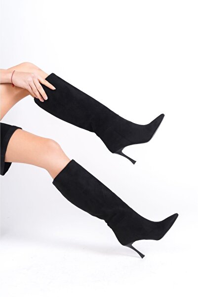 Mubiano MBHRNS1818-S Дамски суедени тънки 9 см токчета с остри върхове черни дълги ботуши