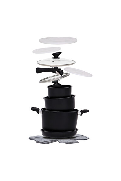 Extramall 13-piece black non-stick kitchen pot and pan set with removable handle, lids, all hobs