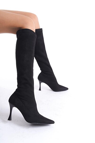 Mubiano MBHRNST19-S Жіночі чорні замшеві довгі чоботи на тонкому каблуці зі стрейч-матеріалу