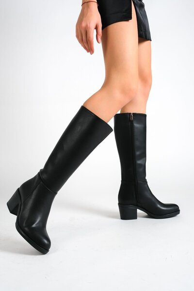 Mubiano MBHSN7072-S Cizme lungi pentru femei, negre, cu toc gros, cu fermoar