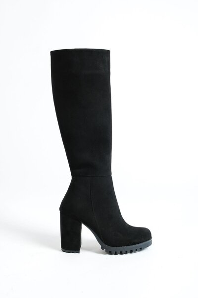 Mubiano Mbzfr5013s-s Cizme lungi cu fermoar, cu toc gros, din piele intoarsa neagra