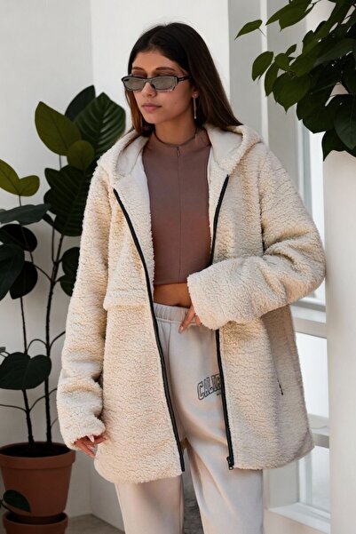hiramir Peluş Deri Biyeli Kapüşonlu Fermuarlı Mont Bej KS2501