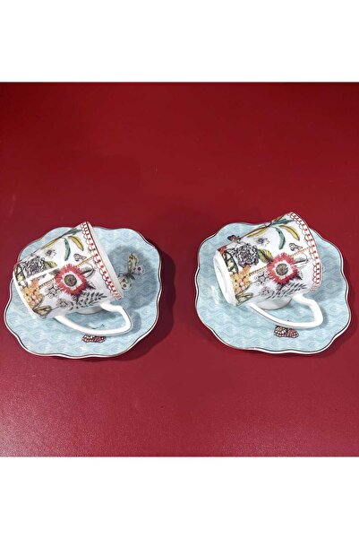 esdekor Luxury Collection Kahve Fincan Set 2'li Porselen Mavi Beyaz Doğa Kelebek Desenli Hediyelik Dekoratif