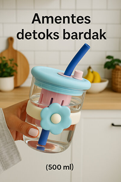 Amentes 500ml Papatya Desenli Pipetli Cam Detox Termos Matara Bardak - Süt, Su, Meşrubat, Limonata Bardağı