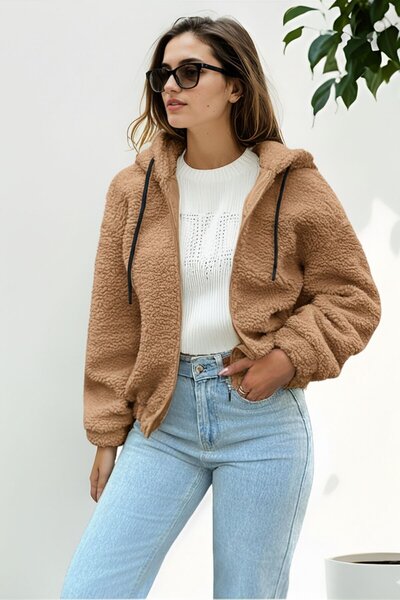 Plush Hooded Women's Bomber Jacket Camel KS2503