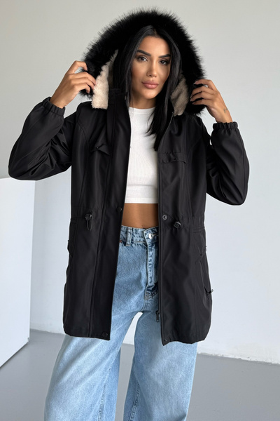 hiramir Bilek Lastikli Kapüşonlu Bondit Mont Siyah KS2516