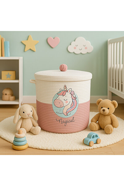 Secem Boutique Unicorn hasır jüt oyuncak sepeti, jüt kapaklı sepet, 30x30