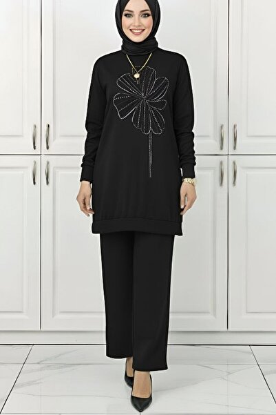 Mercan Only sema set lycra crystal cotton fabric hijab double set stone detail black