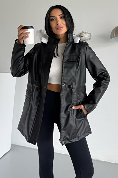 hiramir Kapüşonlu Deri İçi Kürklü Cep Üstü Detaylı Mont Siyah KS2509