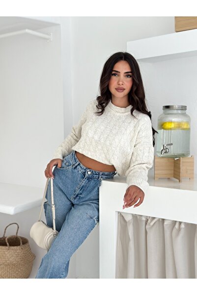 Brantu Klasický pletený vzorovaný dámský svetr ecru