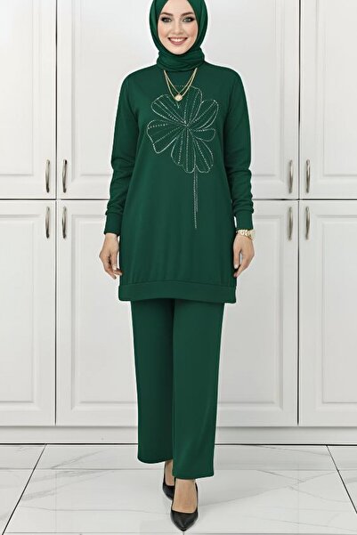 Mercan NUR SEMA TAKIM Lycra Crystal Cotton Fabric Hijab Σετ δύο τεμαχίων Λεπτομέρεια από πέτρα Σμαραγδένιο