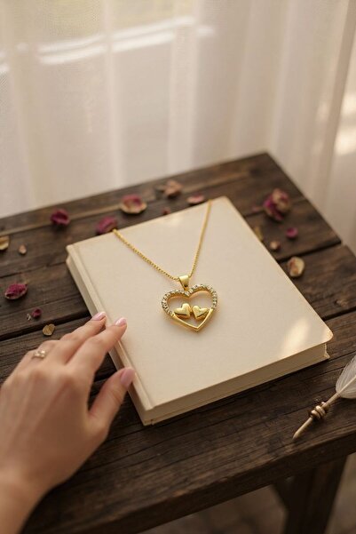 Çgk Çiğdem Gürel Kuyumculuk Altın Çift Kalpli Taş Detaylı Zarif Kadın Kolye