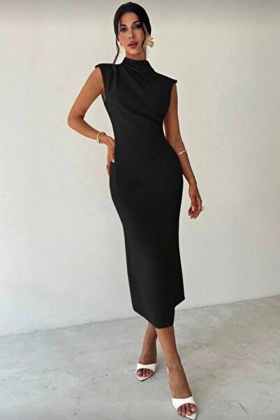 Varyete Kadın Balıkçı Yaka Omzu Pileli Midi Boy Yırtmaçlı Abiye Elbise