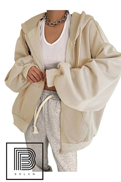 BRLKN Kadın Kapüşon Detay Fermuarlı Balon Kol Hırka