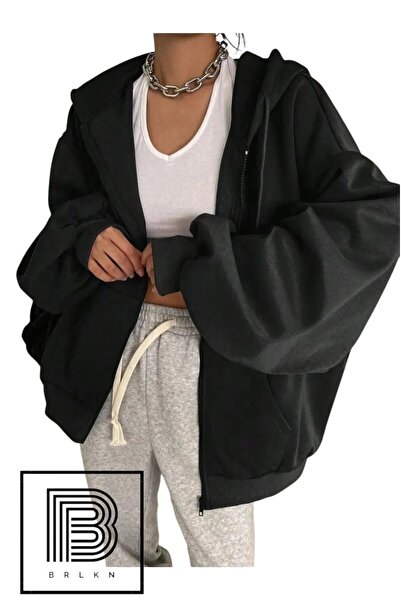 BRLKN Kadın Kapüşon Detay Fermuarlı Balon Kol Hırka
