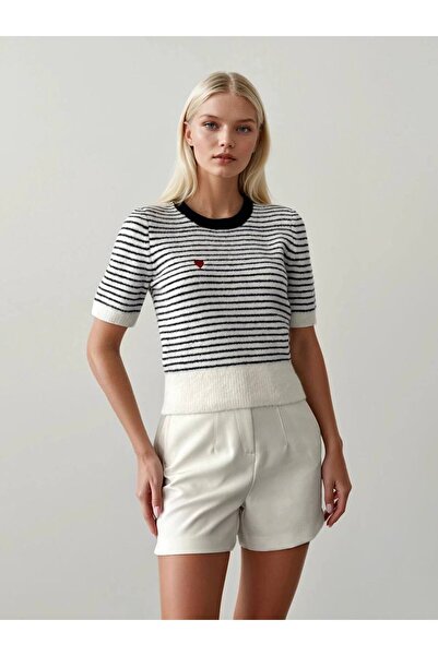 TRİNİTY Women's Striped Short Sleeve Crew Neck Sweater