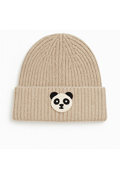 byebruketenci Σκούρο κρεμ μάλλινο μπερέ πολυτελείας με λεπτομέρεια Panda Punch