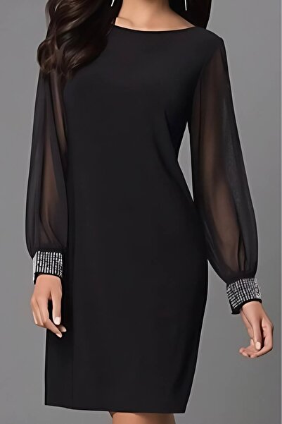 Varyete Rochie de damă cu mâneci lungi, cu decolteu, cu mâneci din tul, cu broderie de piatră