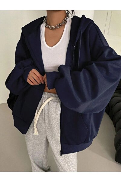 BRLKN Women's Hooded Detail Zippered Balloon Sleeve Cardigan