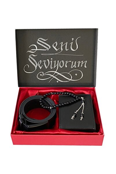 Carlino Erkek Siyah Cüzdan Kemer Ve Harfli Tesbih