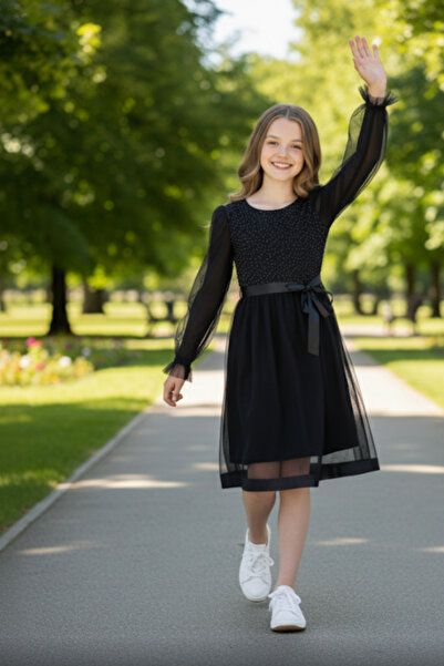 ESİLA KİDS Kız Çocuk Siyah Uzun Kollu Şifon Tüllü Abiye Elbise - Özel Gün ve Davet Kombini