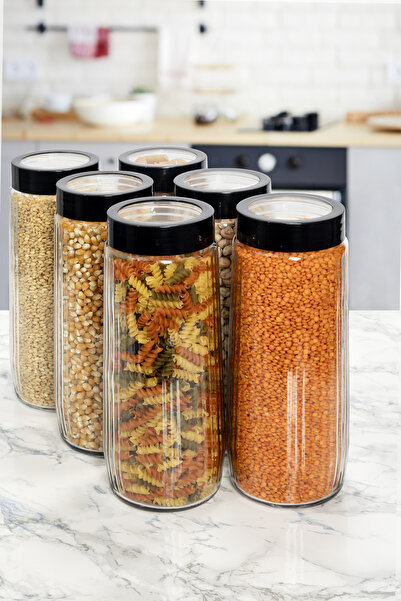 Tercih Home 6 Adet Mega Boy Uzun Dik Saydam kapaklı Çizgili Cam Kavanoz Seti 1500ml Erzak Saklama Kabı