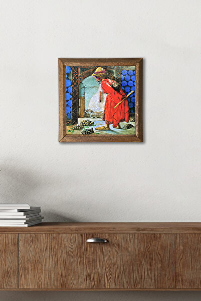 Pinecone Pictură pe perete de piatră cu rama din lemn Turtle Trainer – 25x25 cm Decor pentru casă și birou | W1-22 |