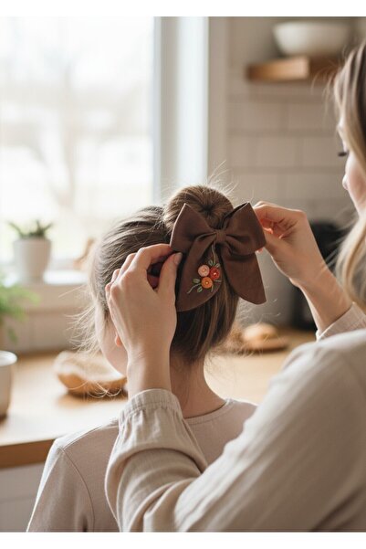bonbela Kahverengi Keten Çiçek İşlemeli Kurdele Toka - Kadın Toka - El İşleme...